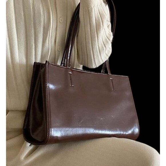 Faux Leather Shoulder Tote Bag Large Capacity Dark Brown - Picture 2 of 3